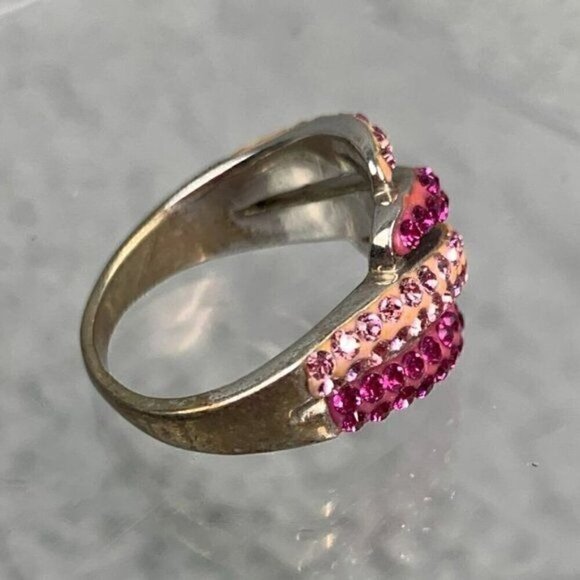 Vintage Gold Plated Sterling Silver & Crystal Cocktail Ring-Pink Stones/Silver - Picture 3 of 11
